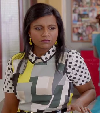 Mindy's white apple polka dot shirt and geometric print dress on The Mindy Project