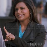 Mindy’s black draped collar leather jacket on The Mindy Project