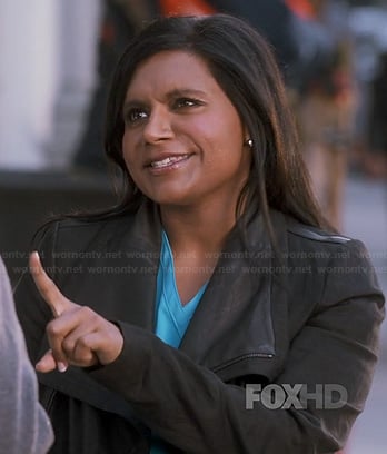 Mindy's black draped collar leather jacket on The Mindy Project