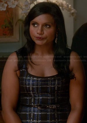 Mindy's blue and metallic check print dress on The Mindy Project