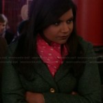 Mindy’s green tweed coat and pink polka dot scarf on The Mindy Project