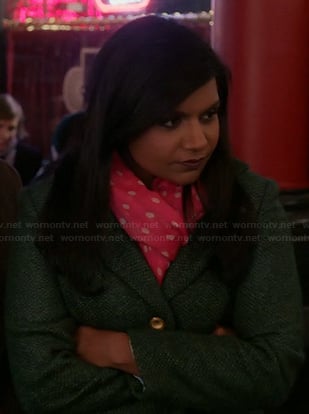 Mindy's green tweed coat and pink polka dot scarf on The Mindy Project