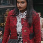 Mindy’s red brocade coat, heart print shirt and houndstooth skirt on The Mindy Project