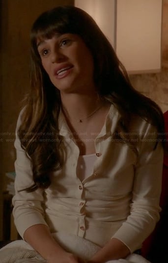 Rachel's white cardigan with gold heart buttons on Glee
