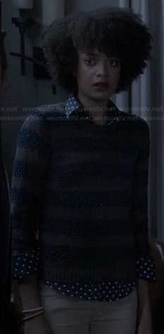 Remy's brown striped sweater and polka dot shirt on Ravenswood