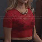 Samantha’s red lace crop top, leopard head necklace and black skirt on The Carrie Diaries