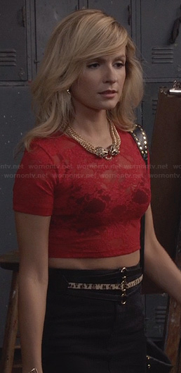 Samantha's red lace crop top, leopard head necklace and black skirt on The Carrie Diaries