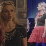 Scarlett’s grey embellished top and red flared skirt on Nashville