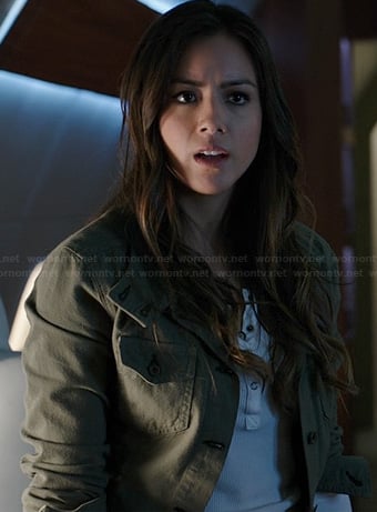 Skye's white henley tee and green jacket on Agents of SHIELD