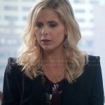 Sydney’s black leather trim blazer and blue/gold earrings on The Crazy Ones