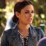 Zoe’s black and white printed top and studded denim jacket on Hart of Dixie