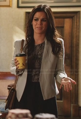 Zoe's black lace dress, grey jacket and feather necklace on Hart of Dixie