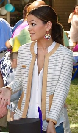 Zoe's striped leather trim jacket and pink and gold circular earrings on Hart of Dixie