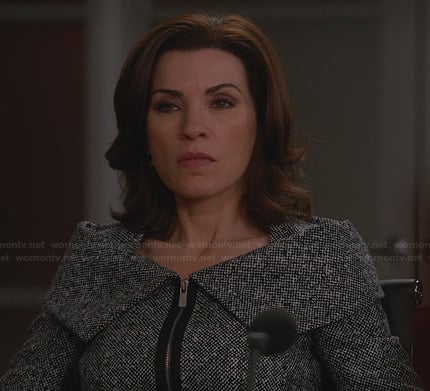 Alicia's grey tweed jacket with foldover collar on The Good Wife