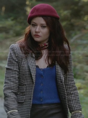 Belle's brown checked blazer with blue leather collar and red bow beret on Once Upon a Time