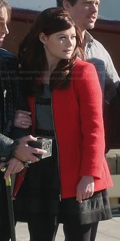 Belle's grey lace striped top, red coat and grey striped skirt on Once Upon a Time