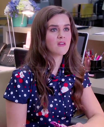Betsey's blue and red polka dot bow front blouse on The Mindy Project