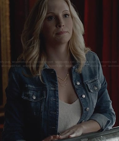 Caroline's denim jacket and chevron chain necklace on The Vampire Diaries