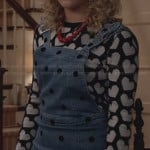 Carrie’s heart print sweater and denim polka dot overall dress on The Carrie Diaries