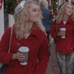 Carrie’s red belted coat, sequin beret and floral jeans on The Carrie Diaries