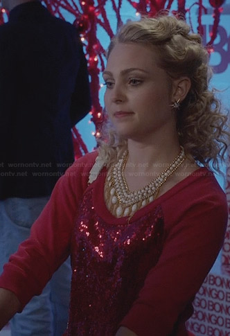 Carrie’s red sequin front sweater and white necklace on The Carrie Diaries