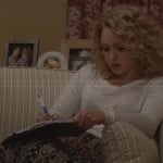 Carrie’s white embellished sweater and mixed print skirt on The Carrie Diaries