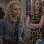 Carrie’s yellow and black dress, studded denim jacket and purple studded heels on The Carrie Diaries