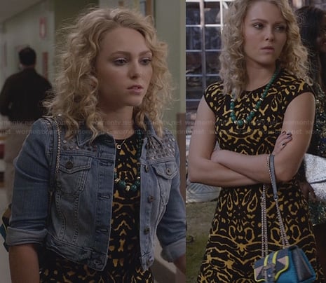 Carrie’s yellow and black dress, studded denim jacket and purple studded heels on The Carrie Diaries