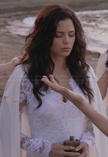 Freya’s white long sleeve lace dress on Witches of East End