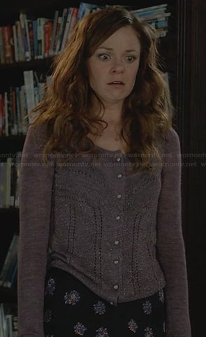 Ingrid’s purple cardigan, floral skirt and bird necklace on Witches of East End