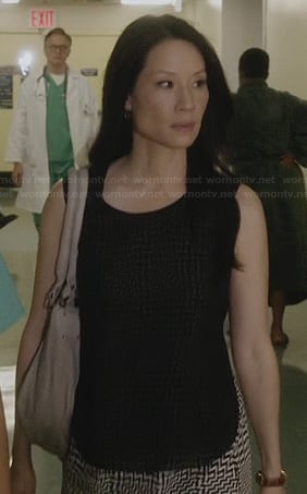 Joan's black and white printed overlay dress on Elementary