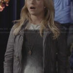 Juliette’s black and white square ombre graphic tee and grey leather jacket on Nashville