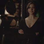 Katherine’s black mesh inset top with cutout back on The Vampire Diaries