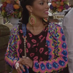 Larissa’s sequin floral jacket, lips print top and blue spike studded bag on The Carrie Diaries
