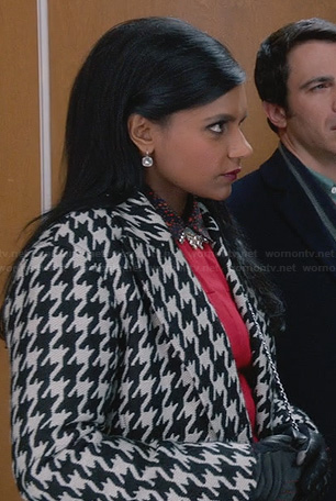Mindy’s houndstooth coat and crystal earrings on The Mindy Project