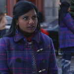 Mindy’s purple and pink plaid toggle coat, checked rain boots and blue earrings on The Mindy Project