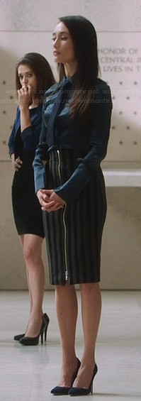 Nikita's vertical striped zip-front skirt on Nikita