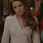 Rachel’s white textured moto jacket on Glee