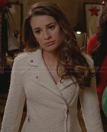 Rachel's white textured moto jacket on Glee