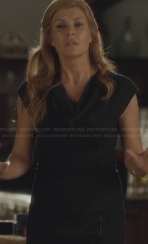 Rayna’s black cowl neck dress with leather piping on Nashville