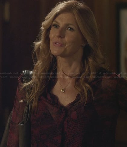 Rayna’s red and black sheer printed blouse on Nashville