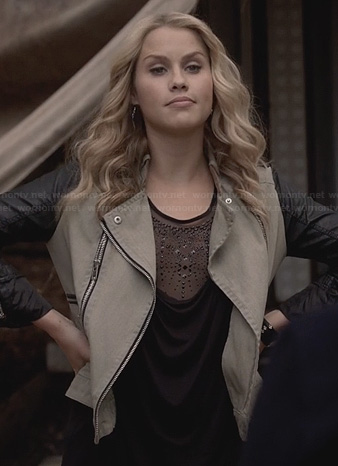Rebekah's black mesh panel top and leather sleeve jacket on The Originals