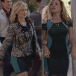 Samantha’s blue and teal green cold shoulder bodycon dress and black and white zip detail jacket on The Carrie Diaries
