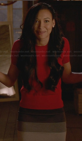Santana’s ombre bandage skirt and red short sleeved sweater on Glee