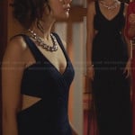 Thea’s navy tulle cutout gown on Arrow