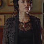 Wendy’s black leather top with lace inset on Witches of East End