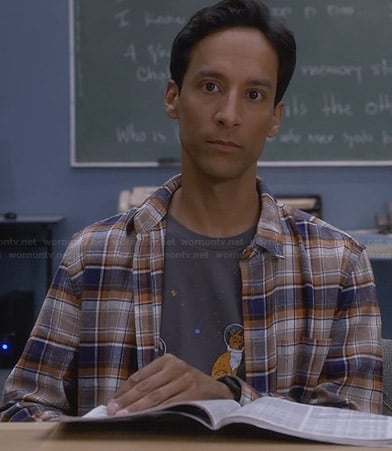 Abed's astronaut animals tee and plaid shirt on Community