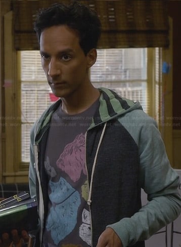 Abed's pirate animals t-shirt and green striped hoodie on Community