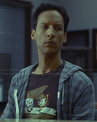 Abed’s ice cube and flame t-shirt on Community