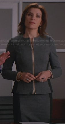 Alicia's grey two-tone zip front jacket and matching skirt on The Good Wife